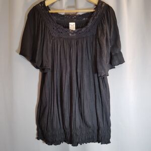 Faded Glory Boho Fairy Black Top Cap Flowy Sleeves Crocheted Neck – Size 2X